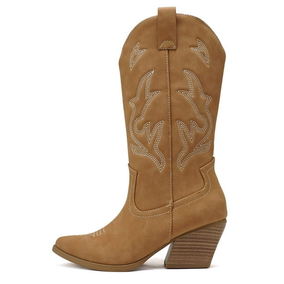 Soda Women Cowgirl Cowboy Western Stitched Heel Boots Pointy Toe Mid Shaft ORVILLE-S Tan Brown Coffee Nubuck 10