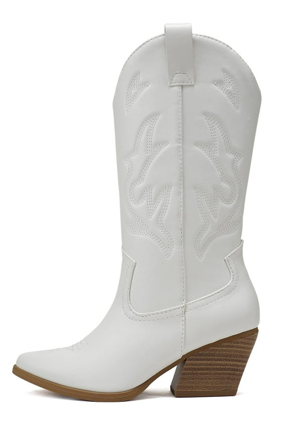 Women Cowgirl Cowboy Western Stitched Heel Boots Pointy Toe Mid Shaft ORVILLE-S White 6.5