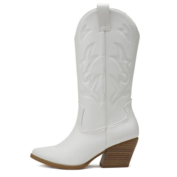 Soda Women Cowgirl Cowboy Western Stitched Heel Boots Pointy Toe Mid Shaft ORVILLE-S White 8