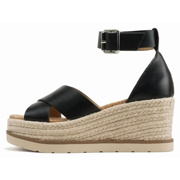 Soda Women Espadrille Wedge High Heels Sandals Open Peep Toe Platform Ankle Strap Crisscross Band FABIAN-S Black 10