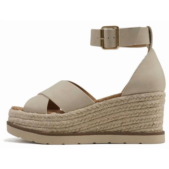 Soda Women Espadrille Wedge High Heels Sandals Open Peep Toe Platform Ankle Strap Crisscross Band FABIAN-S beige 6.5