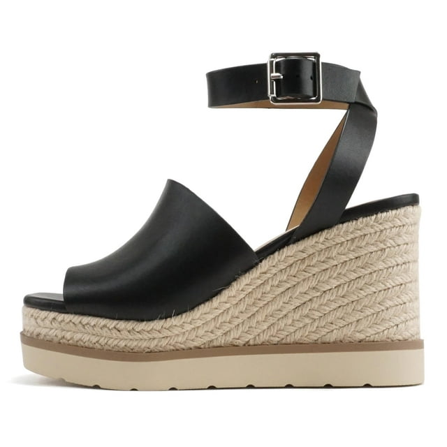 Soda Women Espadrille Wedge High Heels Sandals Open Peep Toe Platform Ankle Strap STELLA-S Black 10