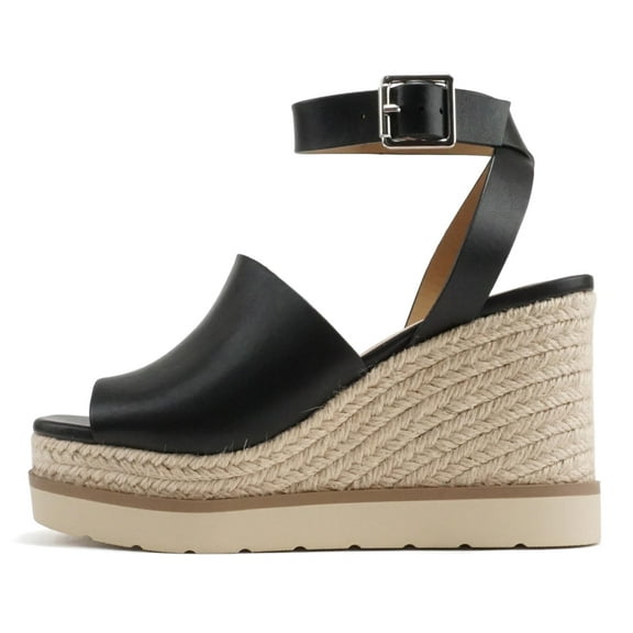 Soda Women Espadrille Wedge High Heels Sandals Open Peep Toe Platform Ankle Strap STELLA-S Black 8.5