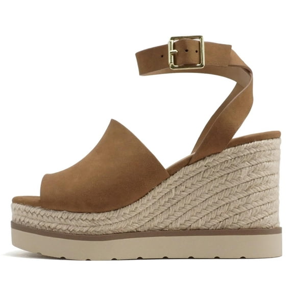 Soda Women Espadrille Wedge High Heels Sandals Open Peep Toe Platform Ankle Strap STELLA-S Brown Tan 9