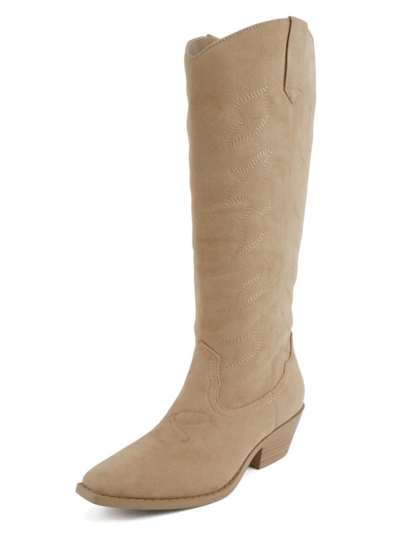 Women Knee High Cowboy Boots Western Embroidered Pointed Toe Block Heel Fashion Cowgirl Boots ZAHARA Beige Camel Suede 8.5