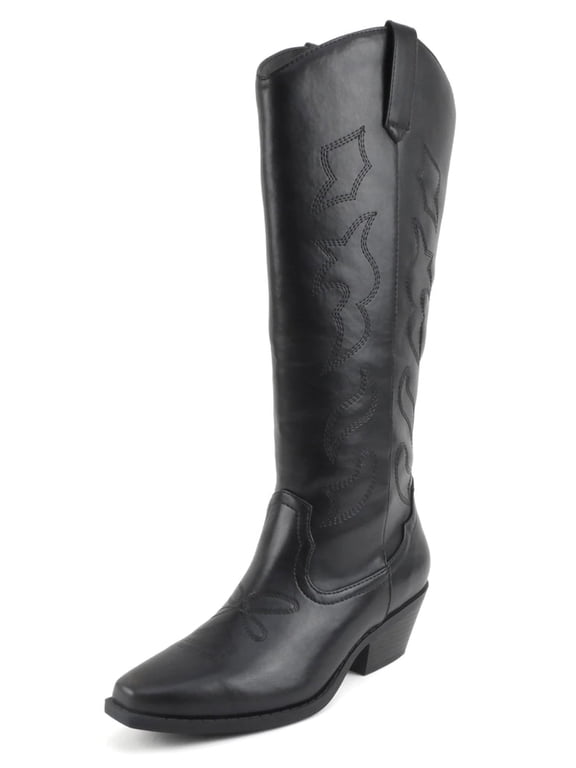 Women Knee High Cowboy Boots Western Embroidered Pointed Toe Block Heel Fashion Cowgirl Boots ZAHARA Black 8