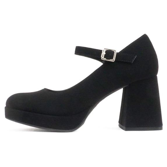Soda Women Mary Jane Platform Shoes Square Toe High Chunky Heel Pump Adjustable Ankle Strap NOSTA-S Black Nubuck Suede 7