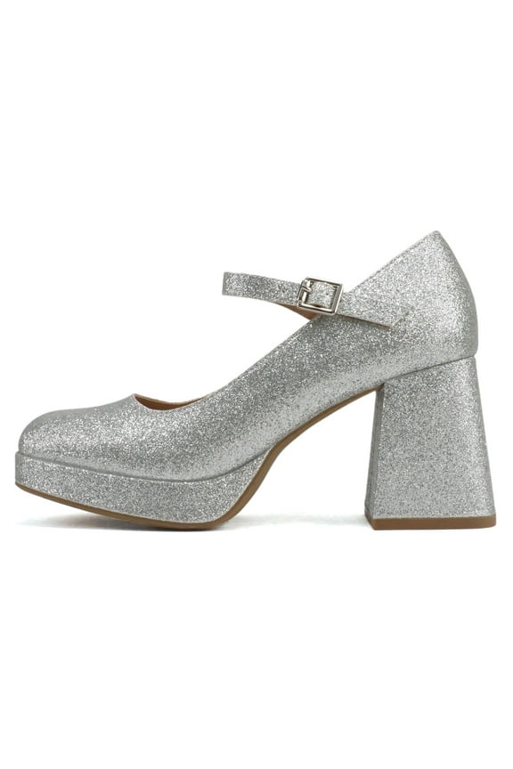 Women Mary Jane Platform Shoes Square Toe High Chunky Heel Pump Adjustable Ankle Strap NOSTA-S Silver Glitter 8.5