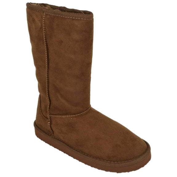 Soda Women Mid-Calf Flat Boots Slip-On Booties Warm Fur Insoles Song-S Dark Camel Brown 7.5