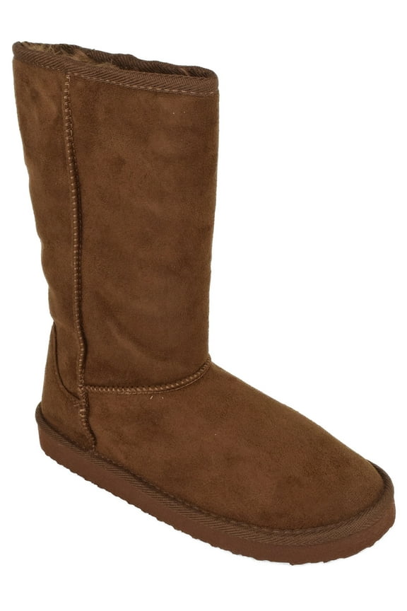 Women Mid-Calf Flat Boots Slip-On Booties Warm Fur Insoles Song-S Dark Camel Brown 7.5