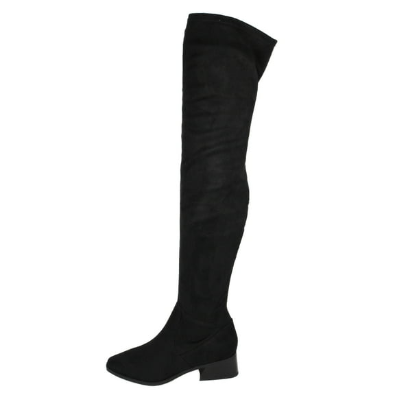 Soda Women Over Knee Thigh High Boots Side Zipper Block Heels Pointed-Toe Back Elastic DEENA-H Suede Black 5.5