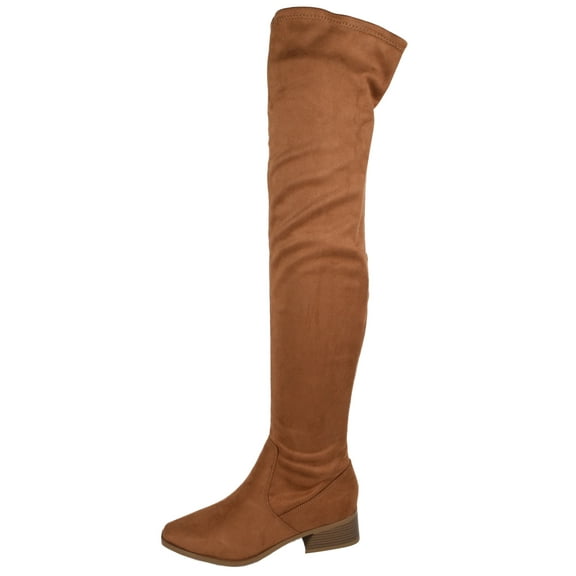Soda Women Over Knee Thigh High Boots Side Zipper Block Heels Pointed-Toe Back Elastic DEENA-H Suede Brown Russet 5.5