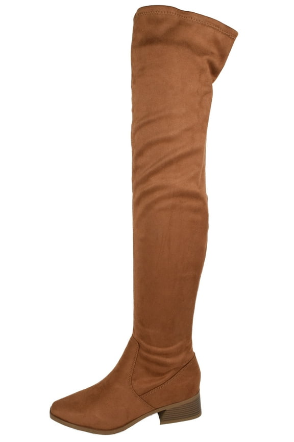 Women Over Knee Thigh High Boots Side Zipper Block Heels Pointed-Toe Back Elastic DEENA-H Suede Brown Russet 5.5