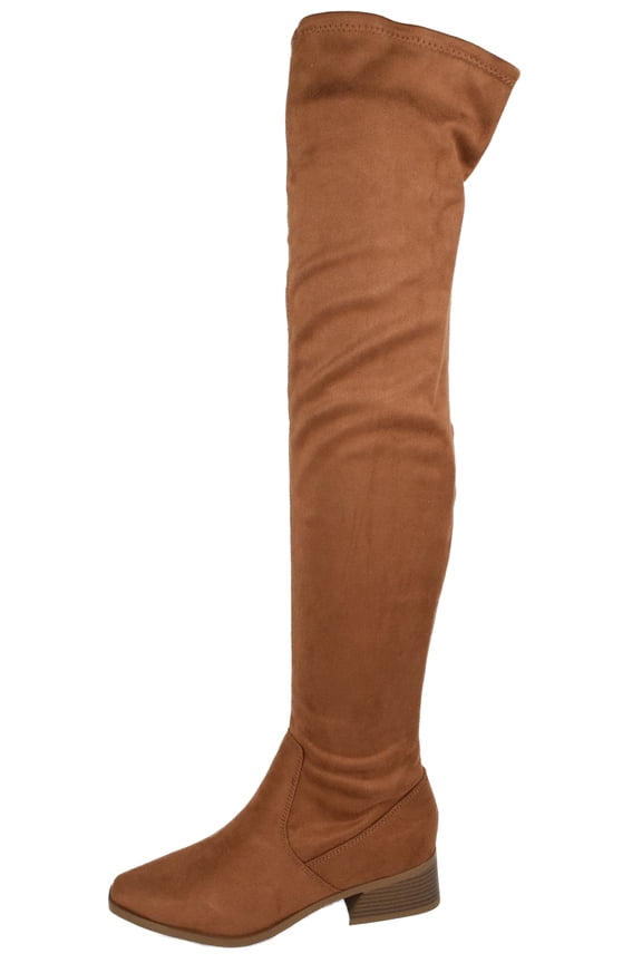 Women Over Knee Thigh High Boots Side Zipper Block Heels Pointed-Toe Back Elastic DEENA-H Suede Brown Russet 7.5