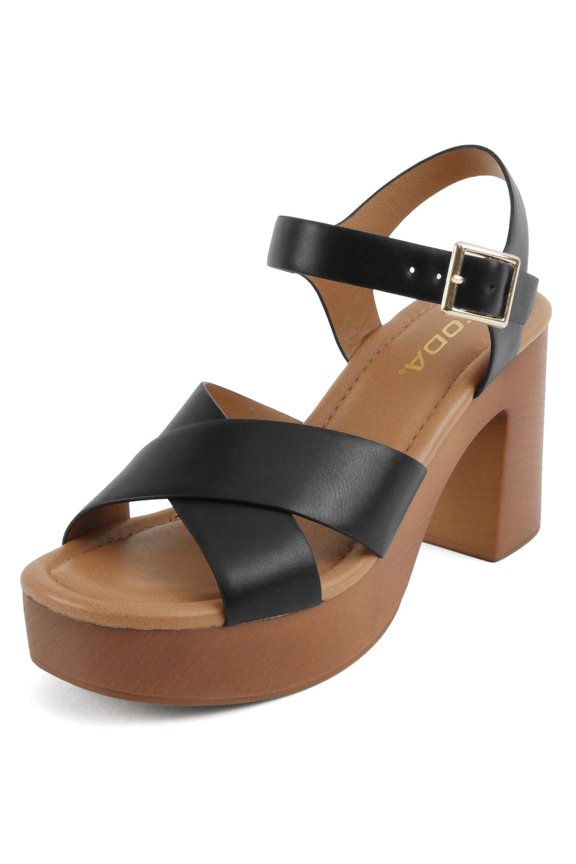 Women Platform Heeled Sandals Criss Cross Ankle Strap Block Heel BONNET Black 6
