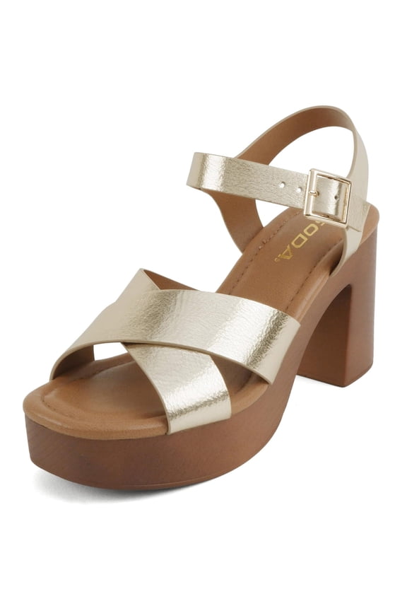 Women Platform Heeled Sandals Criss Cross Ankle Strap Block Heel BONNET Gold 6.5