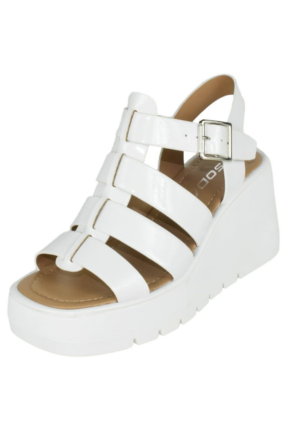 Women Wedge Sandals Open Toe Ankle Multi Strap Cage Style Platform KARBIE-S White Patent 8