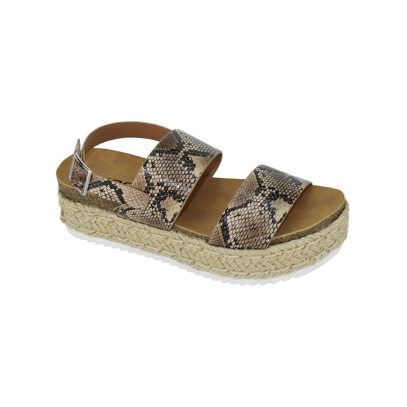 Soda Women Wedge Sandals Open Toe Ankle Strap Flatform Espadrilles Trim Platform Footbed Kazoo-S Beige Python 7