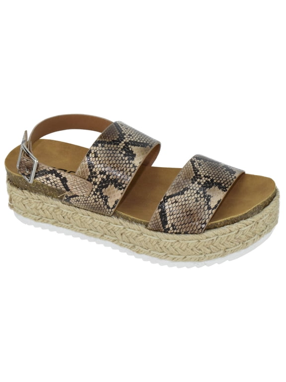 Women Wedge Sandals Open Toe Ankle Strap Flatform Espadrilles Trim Platform Footbed Kazoo-S Beige Python 9