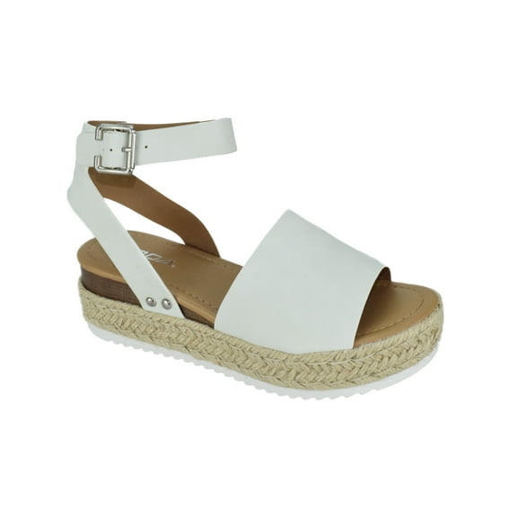 Soda Women Wedge Sandals Open Toe Ankle Strap Flatform Espadrilles Trim Platform TOPIC-S White 7.5