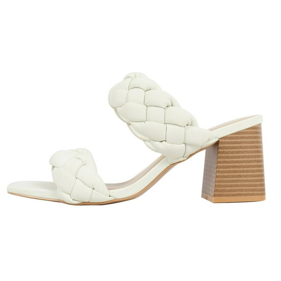 Soda Women's Braided Open Toe Double Strap Block Heels, White/Stacked, 6 M US