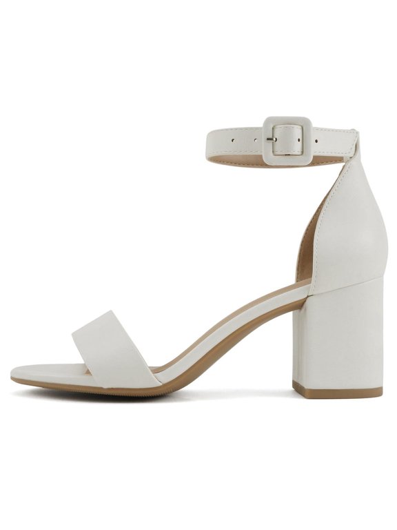 Women's Cake Open Toe Ankle Strap Block Heel Sandals, White, 7.5