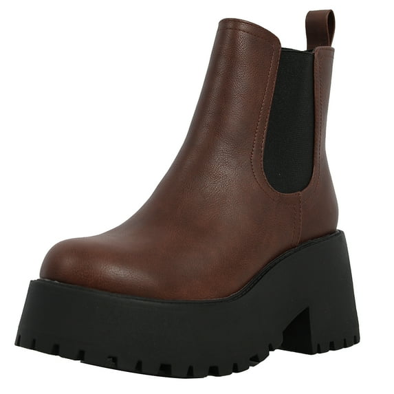 Soda Women's Chelsea Chunky Lug Sole Mid Heel Ankle Bootie Double Elastic , Brown, 5.5 M US