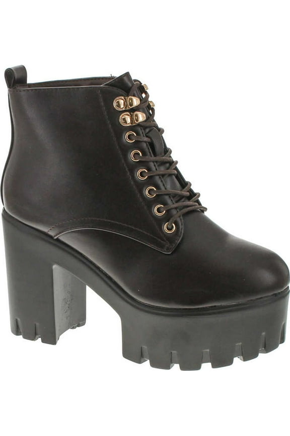 Women's Climate Faux Leather Lace-Up Thick Platform Chunky Heel Lug Ankle Bootie