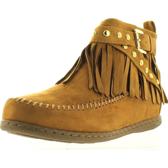 Soda Women's Dahlia Faux Suede Moccasin Fringe Wedge Ankle Booties