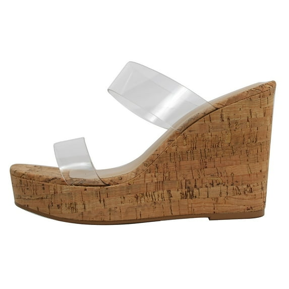 Soda Women's Double Strap Cork Platform Wedge Sandal Color: Clear, Size: 8.5