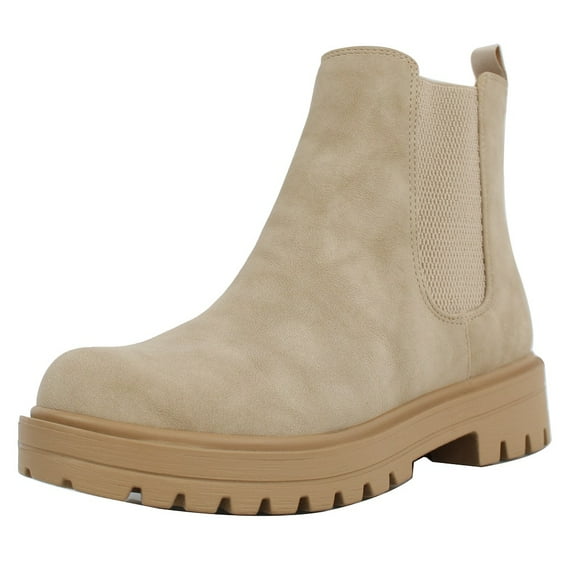 Soda Women's Faux Leather Round Toe Chelsea High Top Platform Ankle Boot, Beige , 8.5 M US