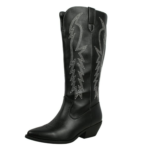 Soda Women's Faux Leather Stitching Cowboy Knee High Boots, Black, 5.5 M US