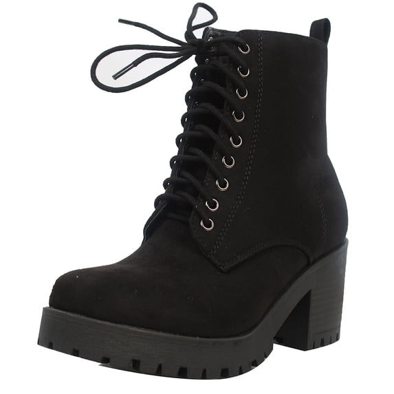 Soda Women's Faux Suede Combat Lug Block Heel Boot, Black, 8 M US