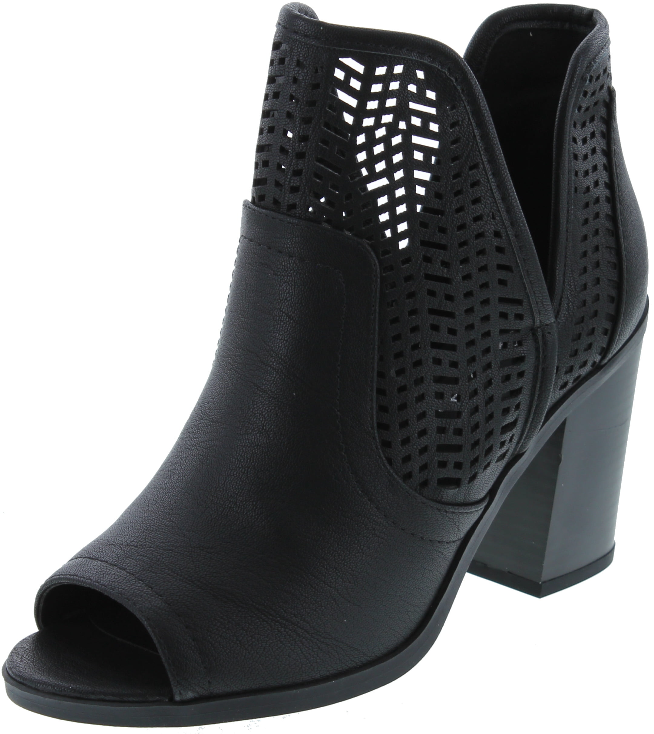 Soda Women's Laser Cut Side V Cutout Open Toe Stacked Chunky Heel