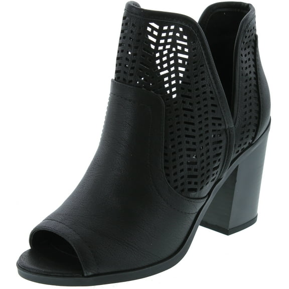 Soda Women's Laser Cut Side V Cutout Open Toe Stacked Chunky Heel Bootie