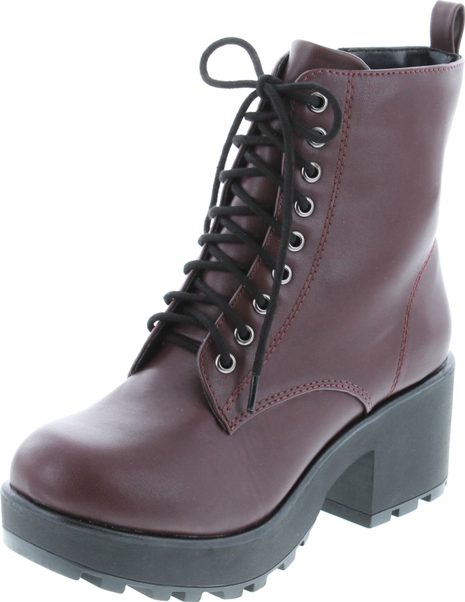  Soda Women's Nevitt Faux Leather Lace Up Chunky Heel Combat  Style Boots,Black,5.5