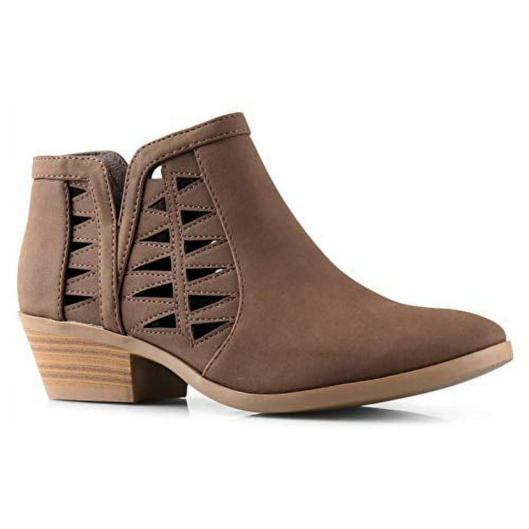 SODA Women's Light Brown Distressed Ankle Booties - Perforated Cut Out, Stacked Block Heel, Approx. 3" Shaft