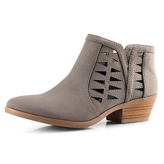 Soda Women's Perforated Cut Out Stacked Block Heel Ankle Booties Grey Nubuck PU (6.5)