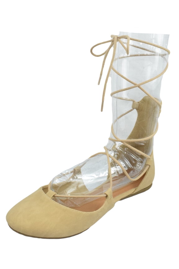 Women's Shoes Ballet Flat Round Toe Lace Up Ankle Tie Gladiator style Tie Leg Design Harvest-S Camel Beige Nubuck Suede 6.5