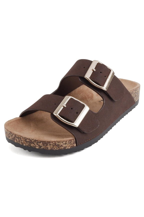 Women’s Slide Sandals – Double Buckle Adjustable Straps, Cork Footbed, Lightweight Comfort Flat Sandals JETE-S Dark Brown 6