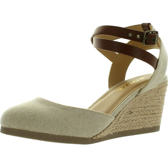 Soda Womens Request Closed Toe Espadrille Wedge Sandal in Natural Tan Linen