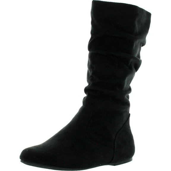 Soda Zuluu-2 Soda Girls Fashion Slouchy Knee-high Flat Boots with Side Zipper in Black Faux Suede