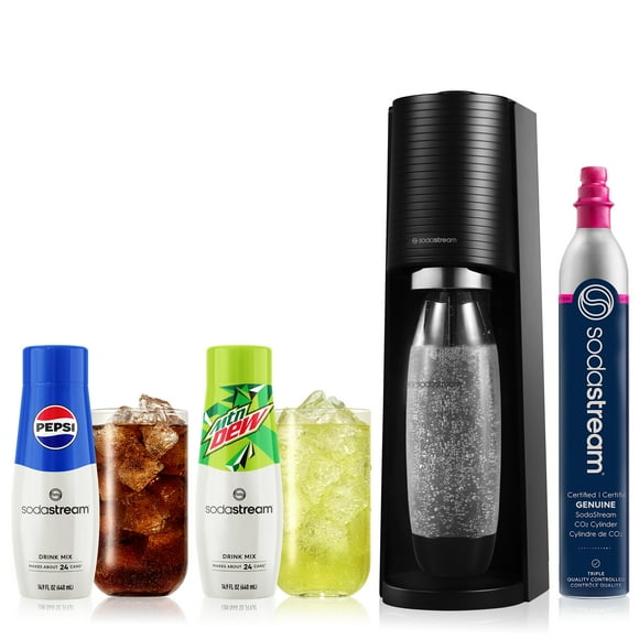 SodaStream Black Terra Sparkling Water Maker Bundle with Pepsi and Mountain Dew Flavor Mix
