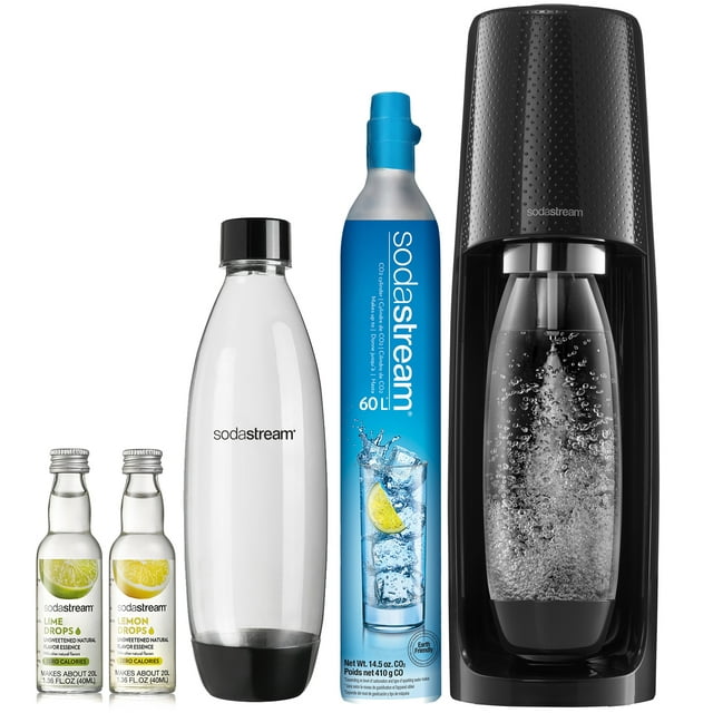 SodaStream Fizzi Sparkling Water Maker (Black) Bundle with CO2, 2 BPA free Bottles and 2 Fruit Drops