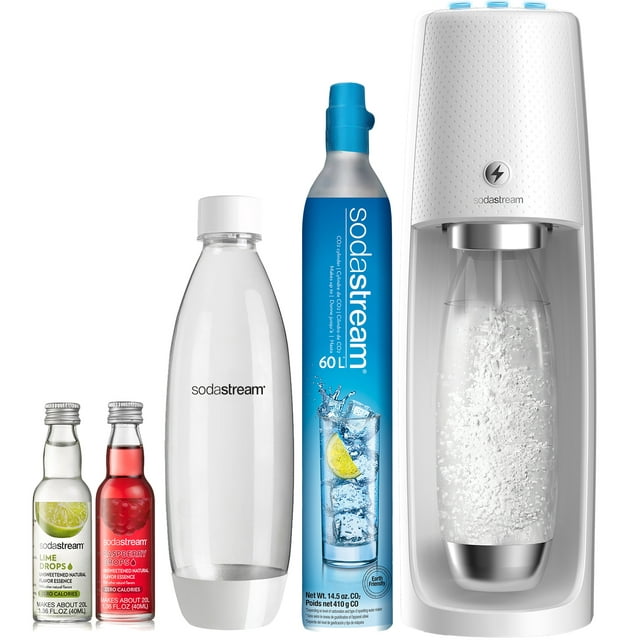 SodaStream One Touch Sparkling Water Maker (White) Bundle with CO2, 2 BPA free Bottles and 2 Fruit Drops