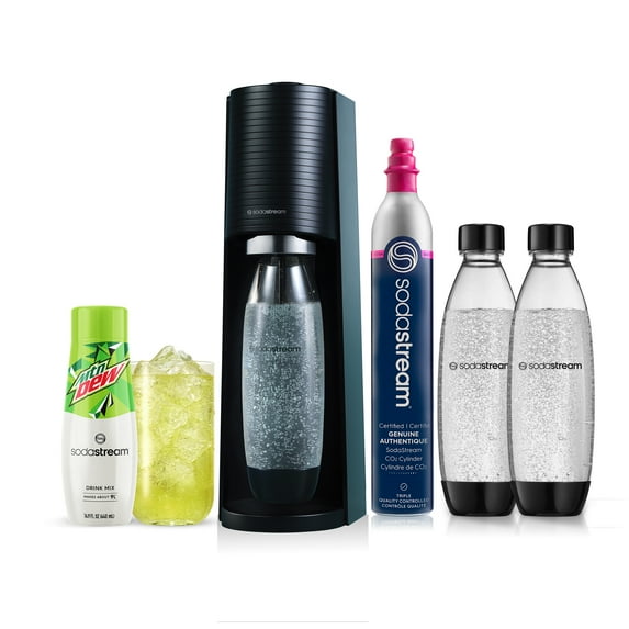 SodaStream Terra (Black) Sparkling Water Maker Bundle, with CO2, DWS Bottles, and MTN Dew Flavor Mix