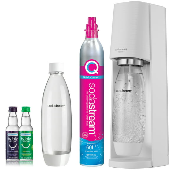 SodaStream Terra Sparkling Water Maker (White) Bundle with CO2, 2 Bottles and 2 bubly Drop