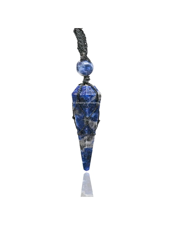 Sodalite Crystal Stone Holder Necklace Pendulum, Unique Women Men Necklace (Black Macrame)