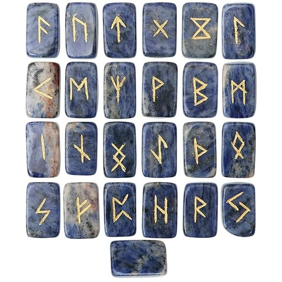 Sodalite Rectangle Shape Gemstone Runes with Elder Futhark Alphabet Engraved 25 pcs Rune Set Crystal Divination Metaphysical Healing Chakra Reiki Runes Set with a Pouch Size : 20-25mm