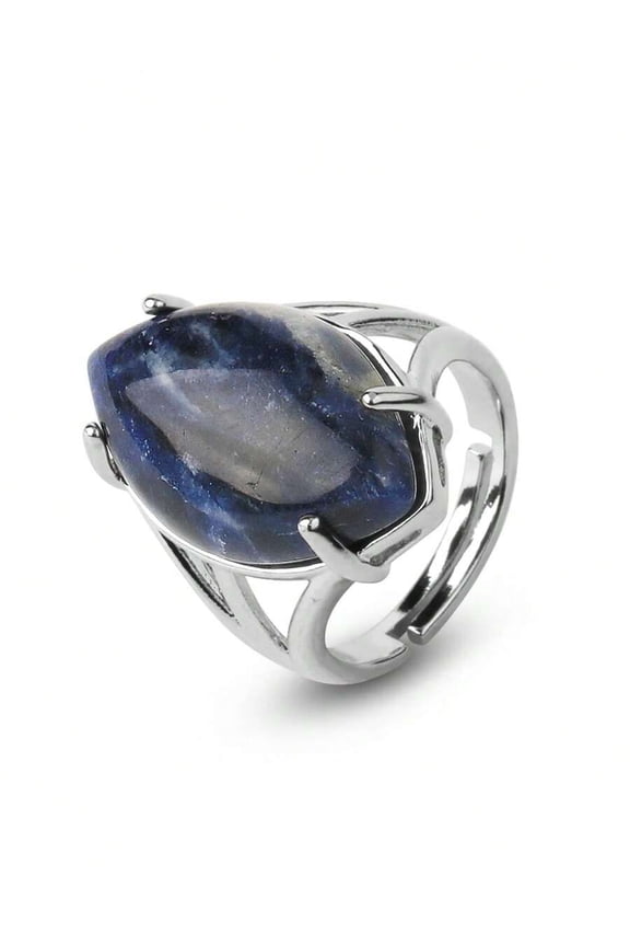 Sodalite Statement Ring G574 Silvertone Adjustable Oval Gemstone Ring